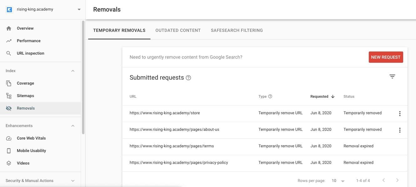 Google Search Console removals tool