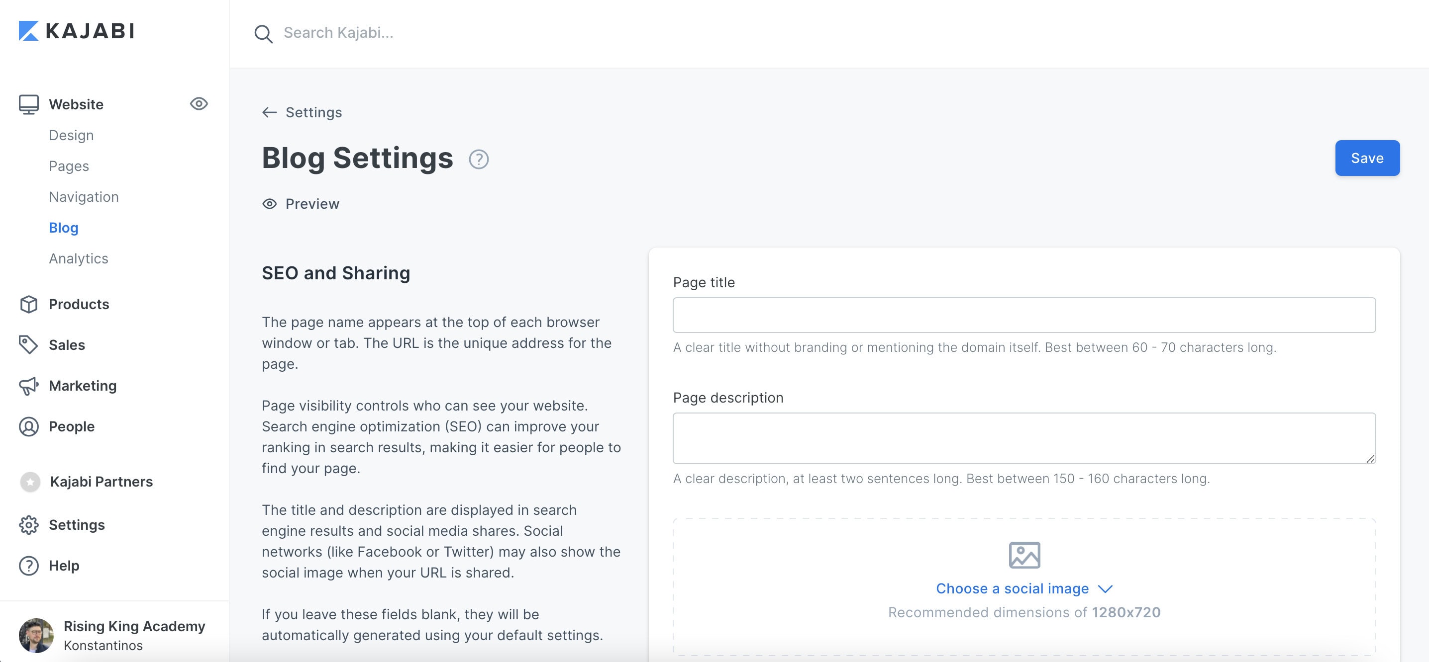Kajabi blog SEO and sharing settings.