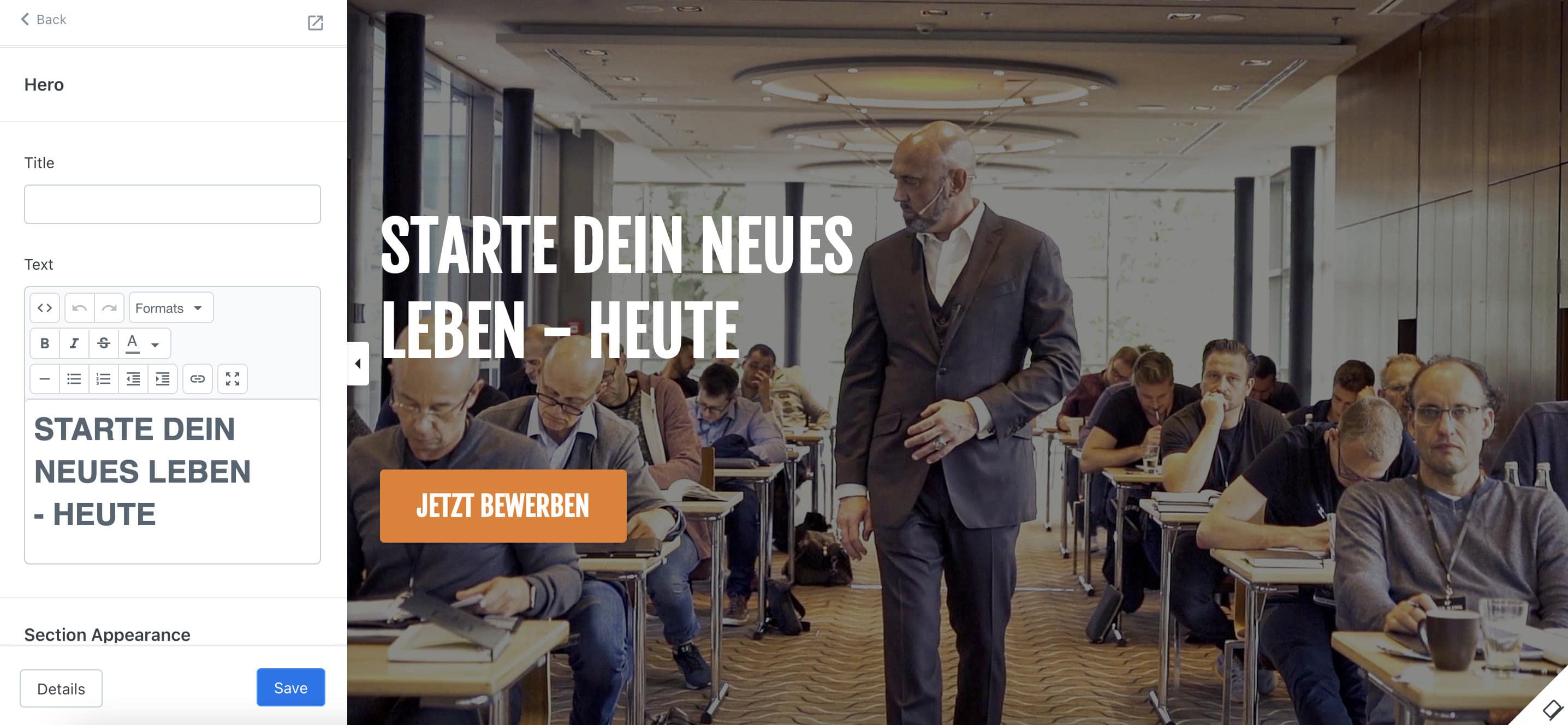 Kajabi editor hero block.