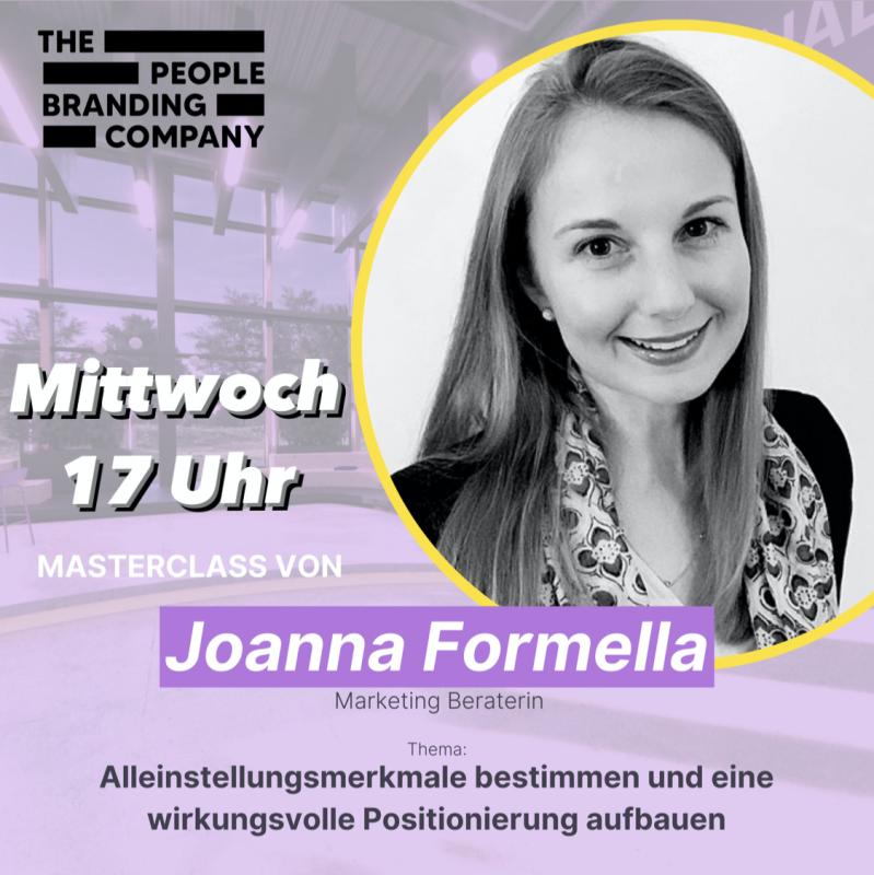 Event banner with a photo of Joanna Formella for a workshop hosted by The People Branding Company Germany.