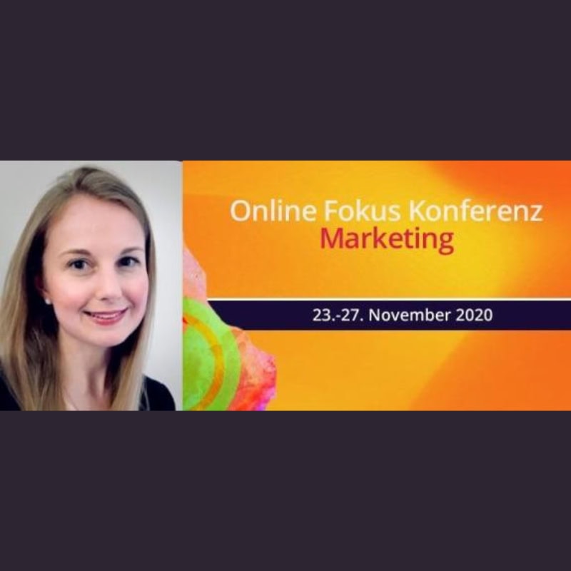 Event banner with a photo of Joanna Formella for the Online Fokus Marketing Conference in Austria.